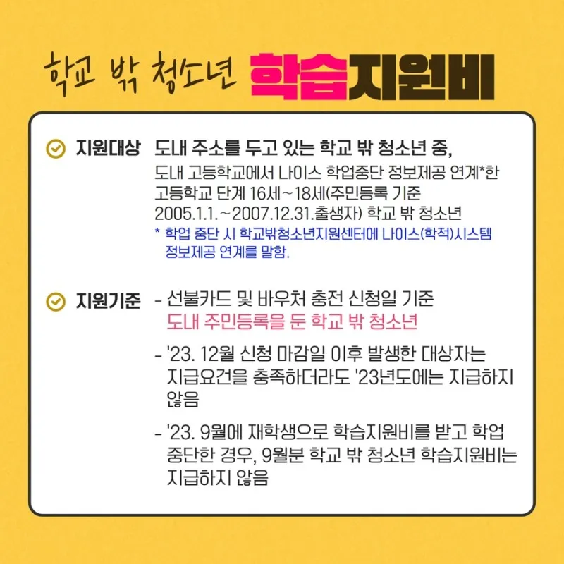 학교 밖 청소년 학습지원비 지원대상 및 지원기준
