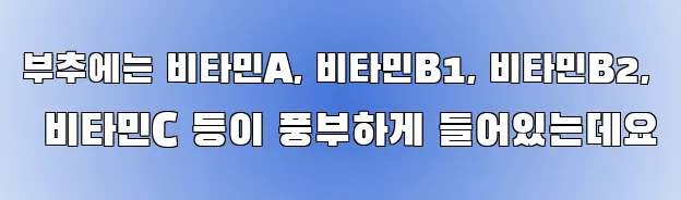 부추에는 비타민A, 비타민B1, 비타민B2, 비타민C 등이 풍부하게 들어있는데요
