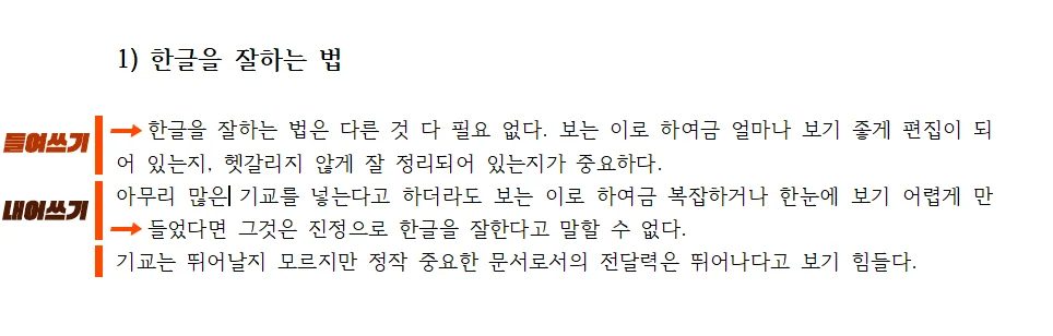 한글에서 내어쓰기와 들여쓰기를 적용한 문서의 모습