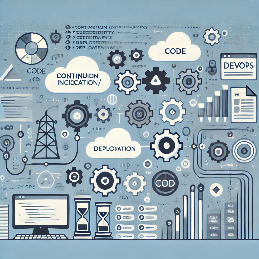 DevOps 자동화와 협업을 보여주는 일러스트, CI/CD 파이프라인, 클라우드, 코드 및 IT 인프라 요소들이 포함됨