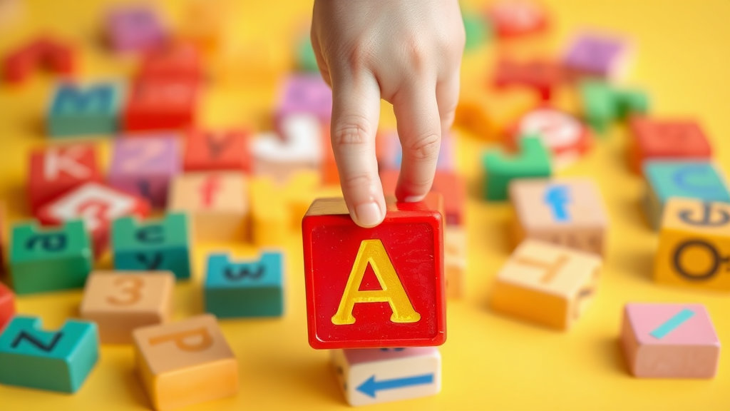 Colorful alphabet blocks scattered on a bright background, with a child's hand about to pick up the 'A' block. Warm and educational atmosphere, close-up shot.