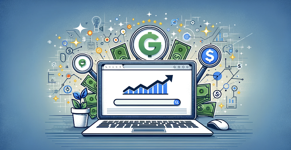 Here is the wide thumbnail I created&#44; illustrating the concept of earning money online through Google Search. It features elements like a laptop with a Google search page&#44; symbols of money&#44; and graphical representations of growth and success.