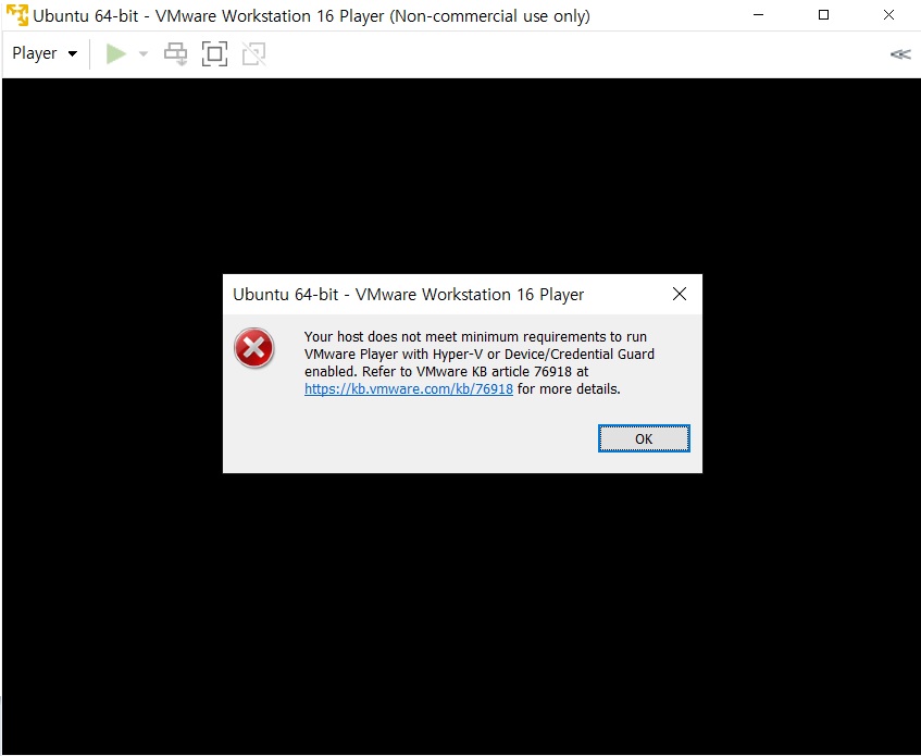  [VMware Workstation 16 Player ] Your host does not meet minimum requirement to run VMware player with Hyper-V or Device/Credential Guard enabled. 에러 메시지 조치 방법