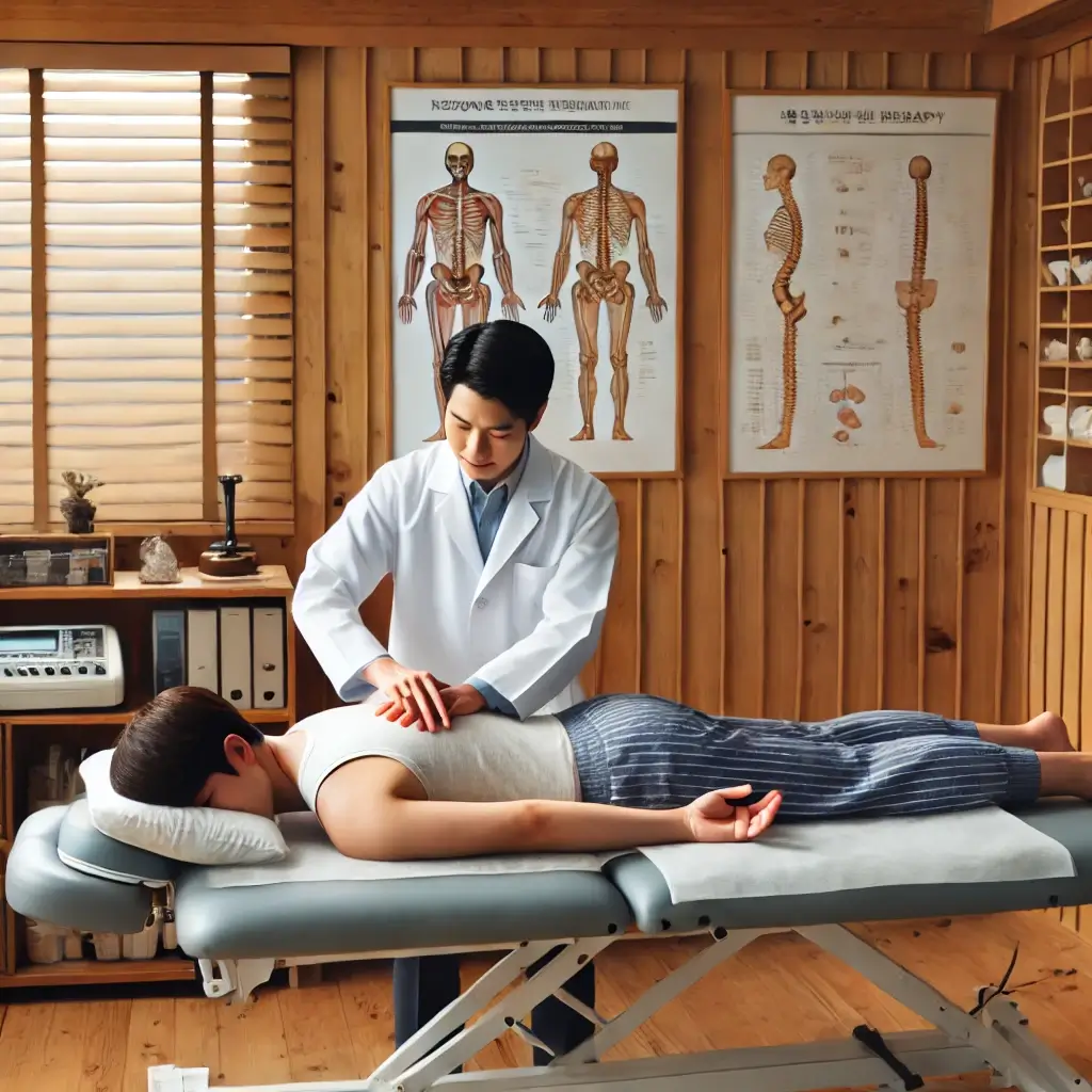 한의원에서 추나요법을 받는 환자와 한의사의 모습.