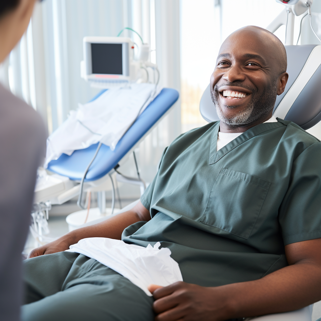 환자복을 입고 웃는 얼굴로 치료용 의자에 앉아 있는 젊은 흑인 남성 턱수염이 매력적이다.