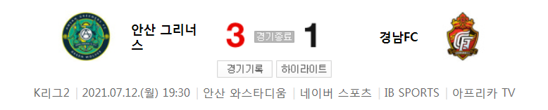  K리그2 / 국내축구 - 안산 VS 경남 (3 - 1) 2021시즌 20라운드 하이라이트 (2021년 7월 12일)