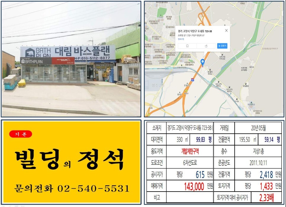  [고양시 고양창릉공공주택지구 10억 꼬마빌딩 실거래가 조회] 덕양구 도내동 723-38 (강매역) 14억 3,000만 원, 평당 1,433만 원 매매되었습니다.