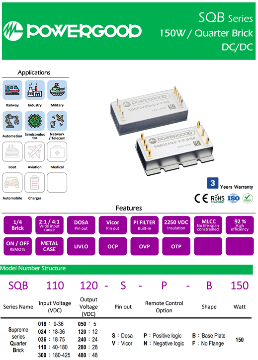  POWERGOOD DCDC Converter SQB Series (150W, 1/4 Brick)