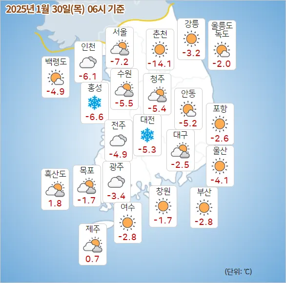 날씨예보 2025년 01월 30일 목요일 06시 기상청 발표