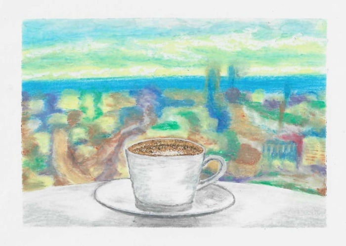 하얀 테이블 위에 하얀 커피잔 너머로 푸른 바닷가 도시 전경이 보이는 그림 완성