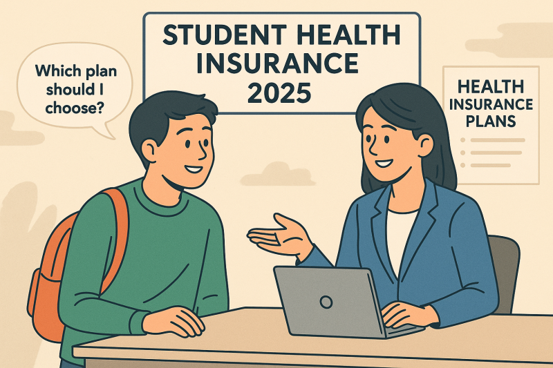 Asian international student consulting with a university advisor about 2025 student health insurance options in the U.S.