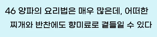  46 양파의 요리법은 매우 많은데, 어떠한 찌개와 반찬에도 향미료로 곁들일 수 있다