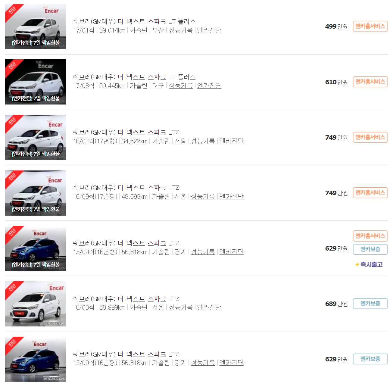 2015~2018년식 더 넥스트 스파크 중고차 가격