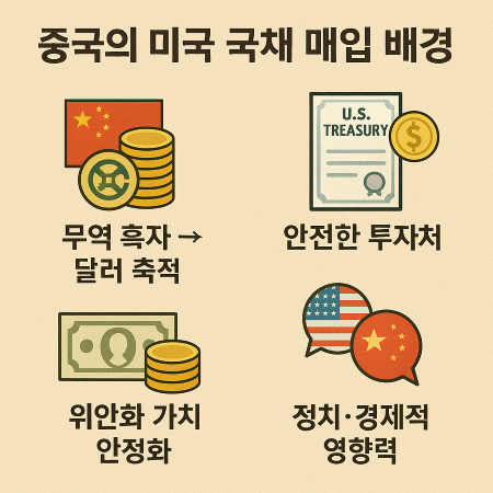 중국의 미국 국채 매입 배경을 설명하는 한국어 인포그래픽, 무역 흑자, 안전한 투자처, 위안화 안정, 정치·경제적 영향력 아이콘 포함.
