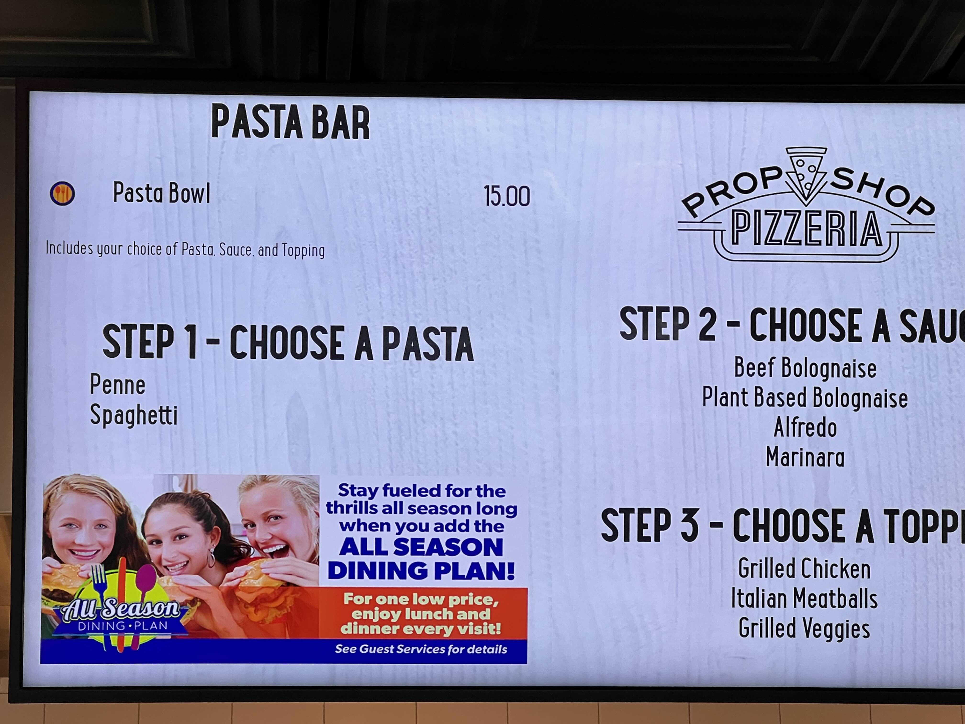 prop shop pizzeria 파스타 메뉴판입니다.