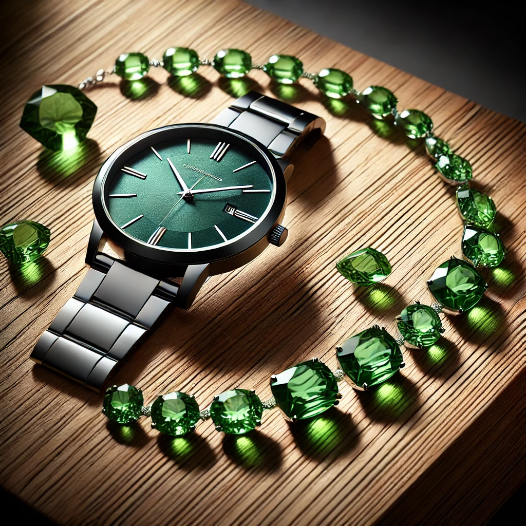 DALL·E 2024-11-26 23.16.58 - An elegant setup featuring a green wristwatch with a sleek and modern design placed on a wooden surface, paired with a spinel necklace showcasing its .webp