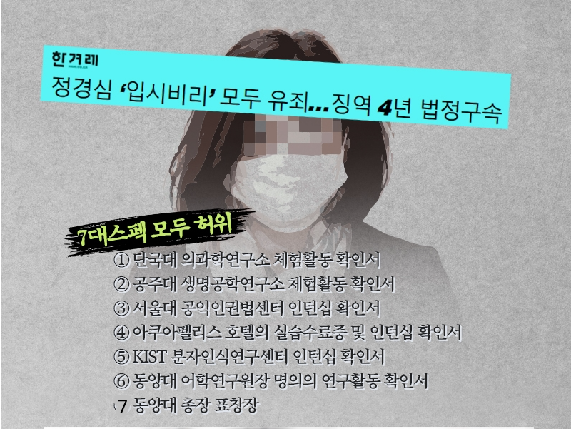  정경심 재판 2심도 유죄판결 조민 7대스펙 모두 허위 징역 4년 조국 상고