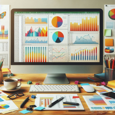 다양한 그래프와 차트가 표시된 컴퓨터 화면이 있는 작업 환경
