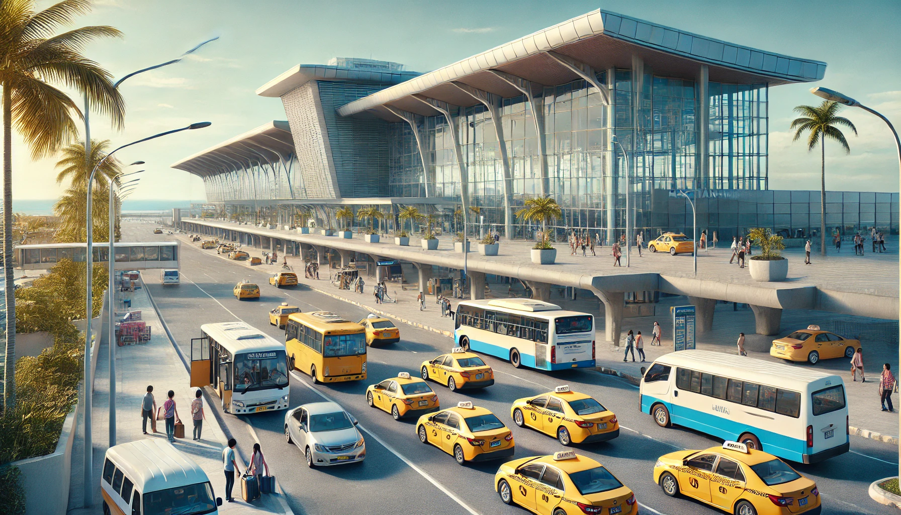 세부 막탄 국제공항 외부 전경, 다양한 교통수단(버스, 택시 등)을 이용하는 여행자들의 모습