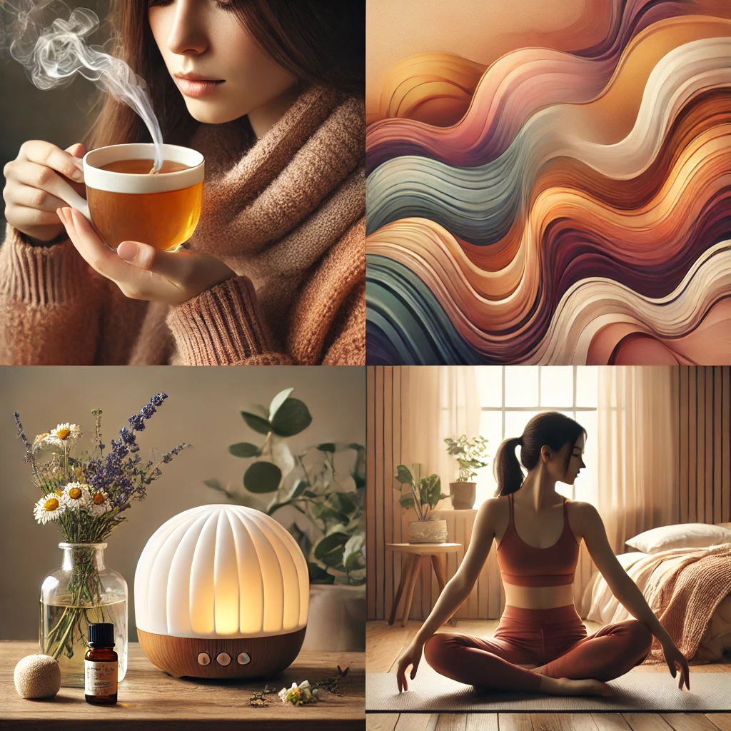 DALL·E 2024-11-11 21.34.47 - 1) A professional blog image of a woman drinking herbal tea with a relaxing atmosphere, surrounded by soft blankets, to alleviate menstrual pain.__2) .webp