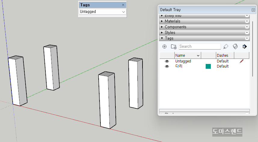 스케치업 태그 레이어 메세지에서 아래 선택시 태그 내용물 전체 삭제 되는 모습