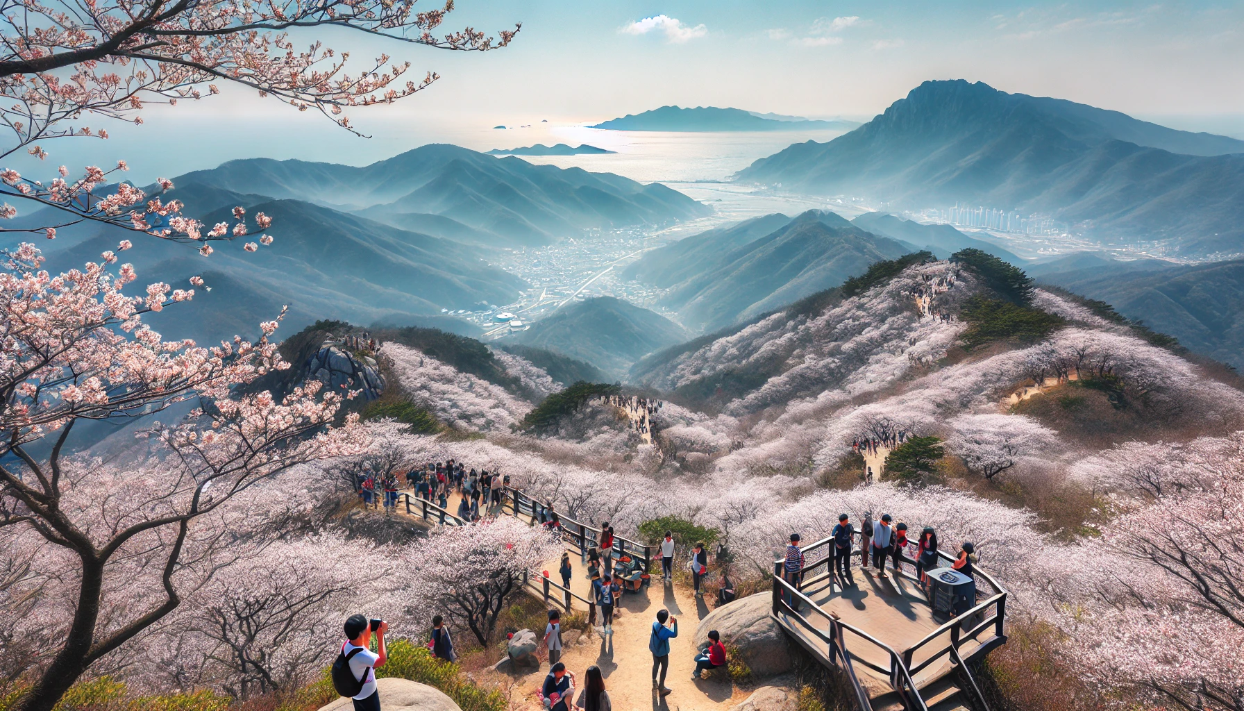 하늘과 맞닿은 벚꽃길 능선에서 내려다보는 산과 바다&amp;#44; 환상적인 영취산 전망대