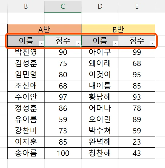 엑셀에서 필터 기능 실행시킨 모습