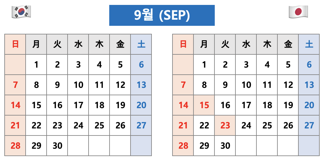 2025년 9월 - 한국 vs 일본 달력