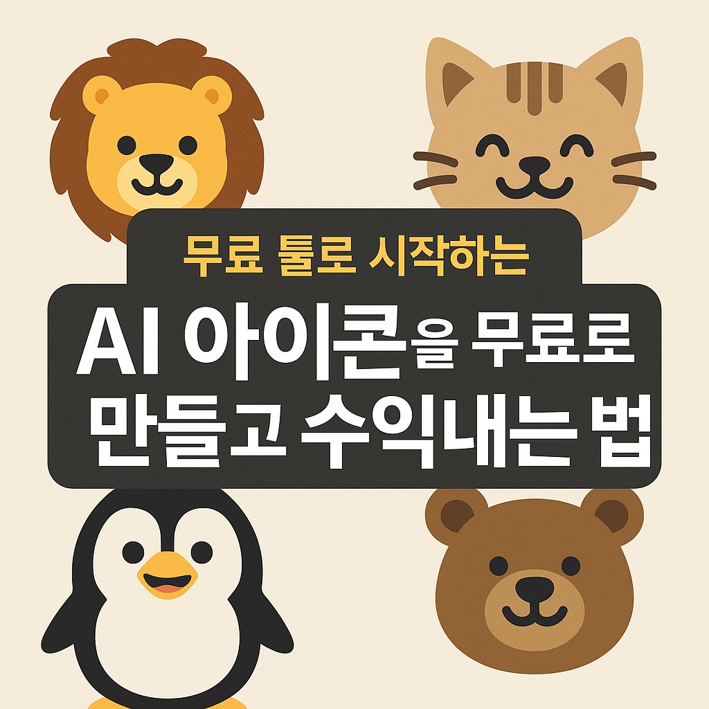 사자, 고양이, 펭귄, 곰 캐릭터로 구성된 귀여운 아이콘들과 함께 '무료 툴로 시작하는 AI 아이콘을 무료로 만들고 수익내는 법'이라는 문구가 적힌 배너 이미지