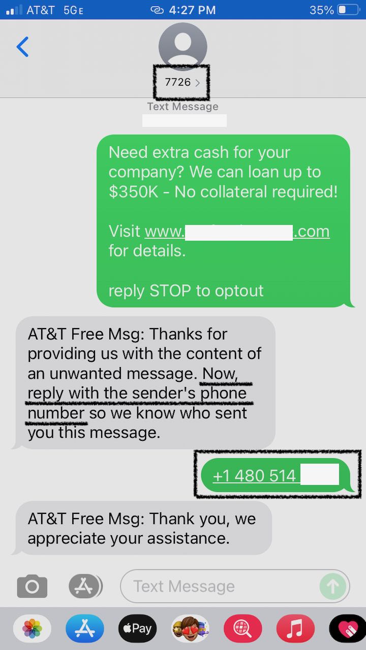screenshot of iPhone Message&#44; showing communication with carrier after forwarding a smishing text message to 7726