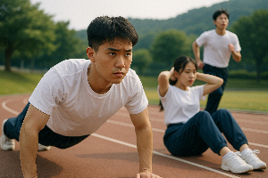 체력 테스트 중인 여자 생도와 남자 생도들, 사관학교 입시 준비 모습