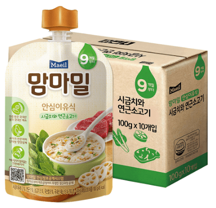  맘마밀 안심 이유식 9개월 부터, 시금치 + 연근소고기 혼합맛, 10개입