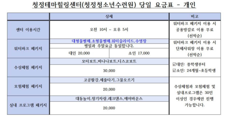 2023년 당일이용 요금표