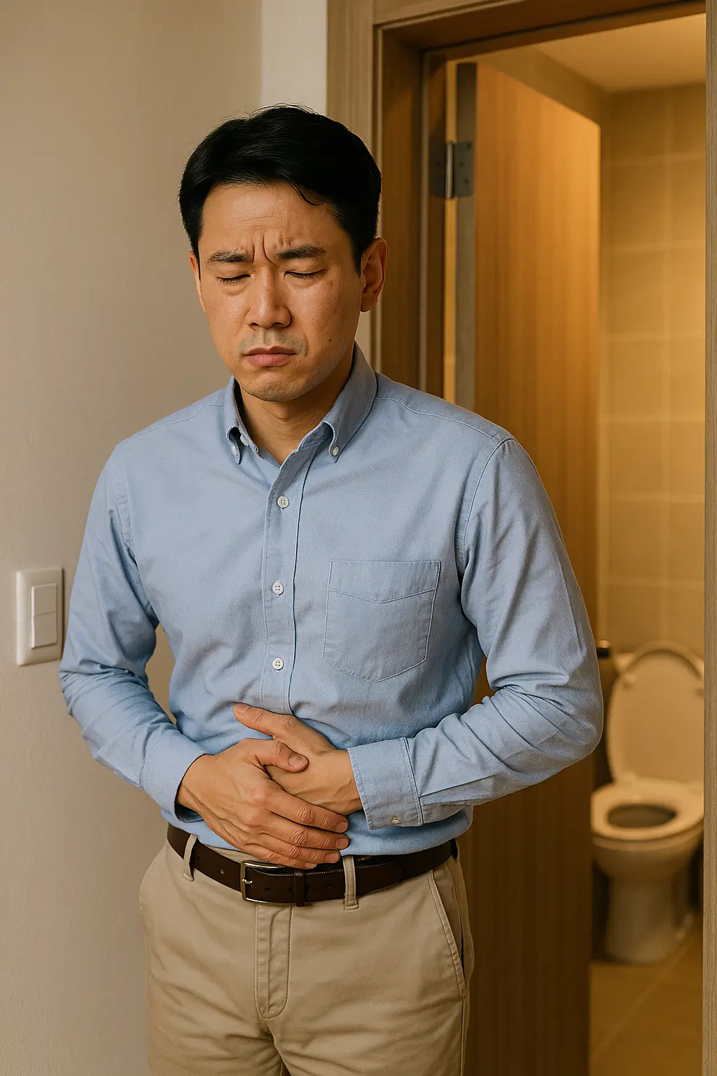 출근 전 변비로 고민하는 동양인 직장인 남성이 화장실 문 앞에서 난처한 표정을 짓는 모습