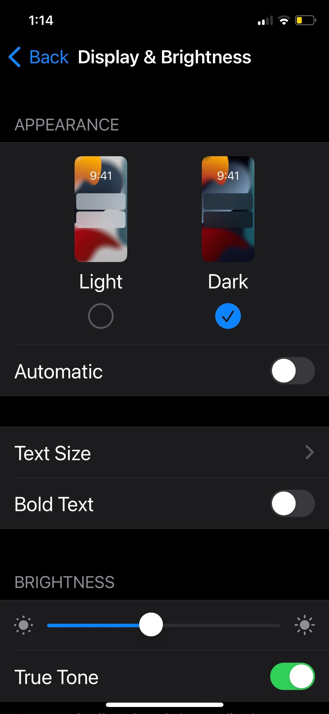 iPhone 화면 밝기 및 색상 조절 화면