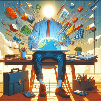 다양한 아이디어와 서적이 떠오르는 비즈니스맨의 창의적 장면