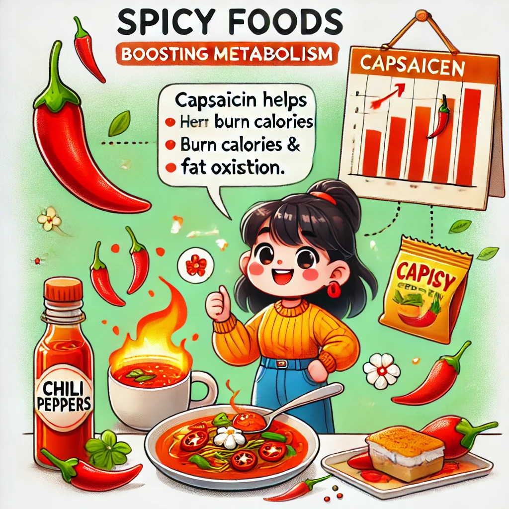 DALL·E 2025-03-01 20.48.54 - A bright and educational webtoon-style illustration highlighting the benefits of spicy foods for boosting metabolism. The image features a cheerful ch.webp