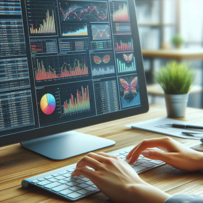 복잡한 데이터 분석 차트와 다양한 수치들이 보이는 화면을 가진 이미지입니다.