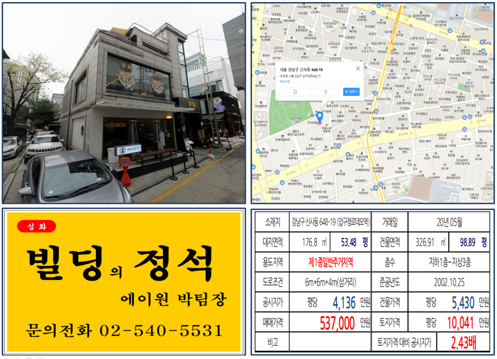  [강남구 도산공원 50억 꼬마빌딩 실거래가 조회] 신사동 648-19 (압구정로데오역) 53.7억 원, 평당 1억41만 원, 청당CGV, 호림아