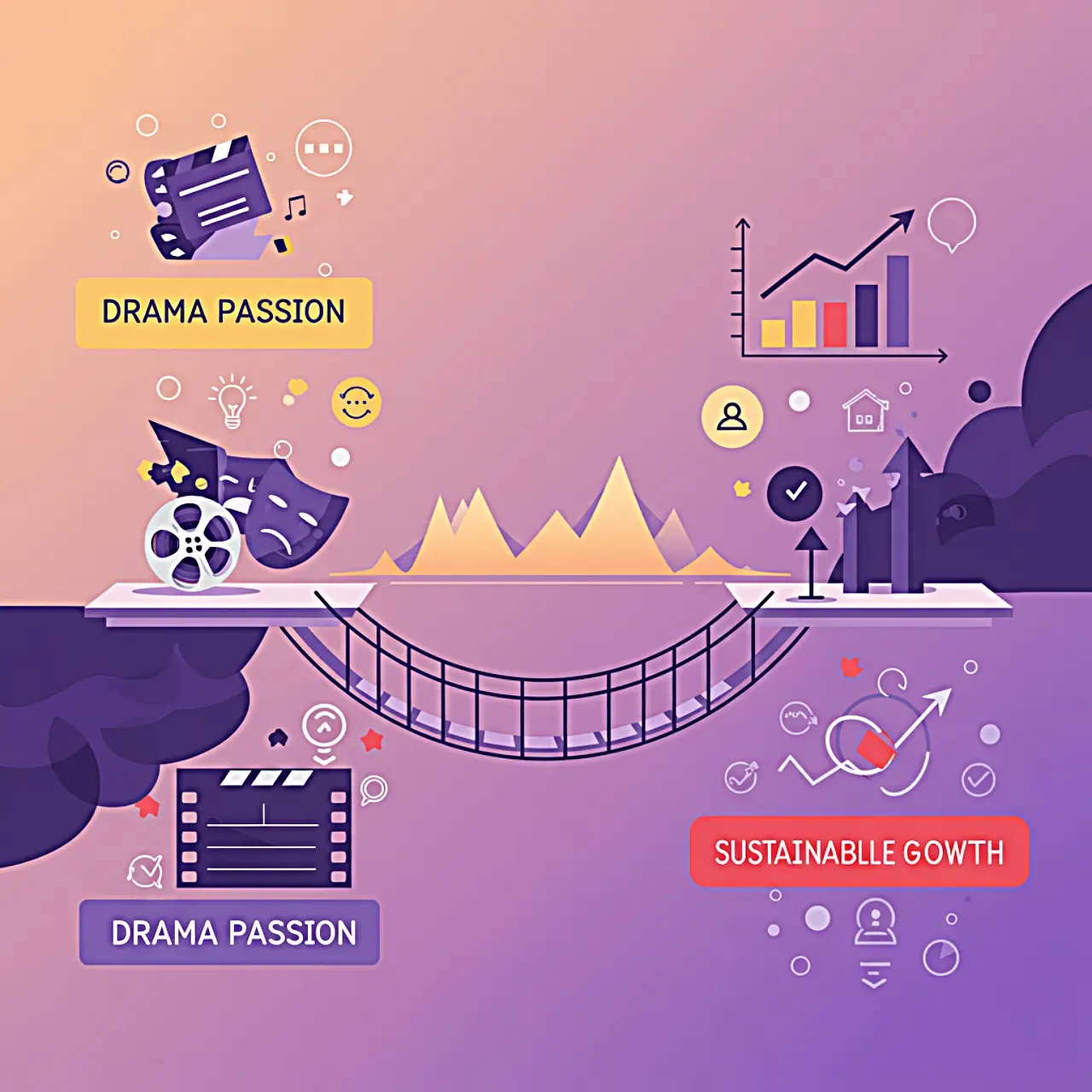 Conceptual image of a bridge connecting a platform labeled 'Drama Passion' to another platform labeled 'Sustainable Blog Growth', representing a strategic transition.