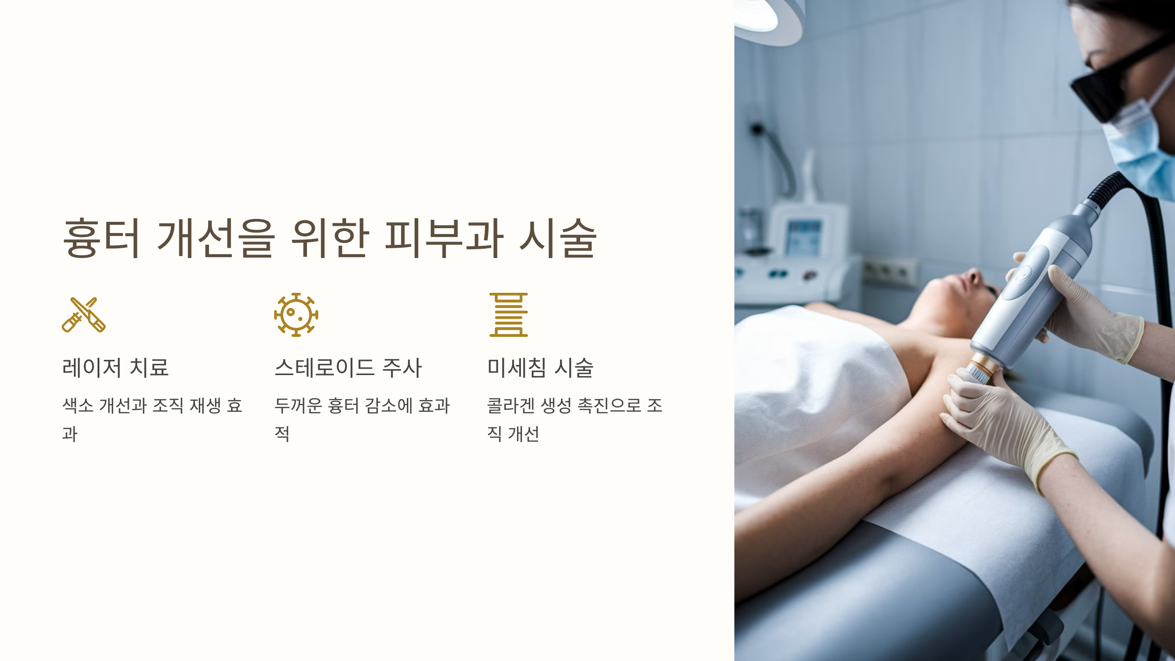 수술 후 신체적, 정신적 변화 극복하기

효과적인 흉터 관리로 회복 촉진

유방암 수술 후 흉터 유형

절개 방식

수술법에 따라 다양한 위치와 모양

켈로이드

피부 경계를 넘어 자라는 두꺼운 흉터

비후성 반흔

경계 내에서 두꺼워진 붉은 흉터

개인 차이

피부 타입별 회복 속도 상이

수술 직후 초기 흉터 관리

소독

의사 지시에 따른 정기적 상처 세척

압박

적절한 압박 붕대로 부종 감소

위생

감염 방지를 위한 철저한 청결 유지

움직임

의사 지시에 따른 활동 범위 조절

장기적 흉터 관리 방법

1-3개월

실리콘 젤/시트 매일 적용

3-6개월

SPF50 자외선 차단제 꾸준히 사용

6개월+

부드러운 원형 마사지로 혈액순환 촉진

흉터 개선을 위한 피부과 시술