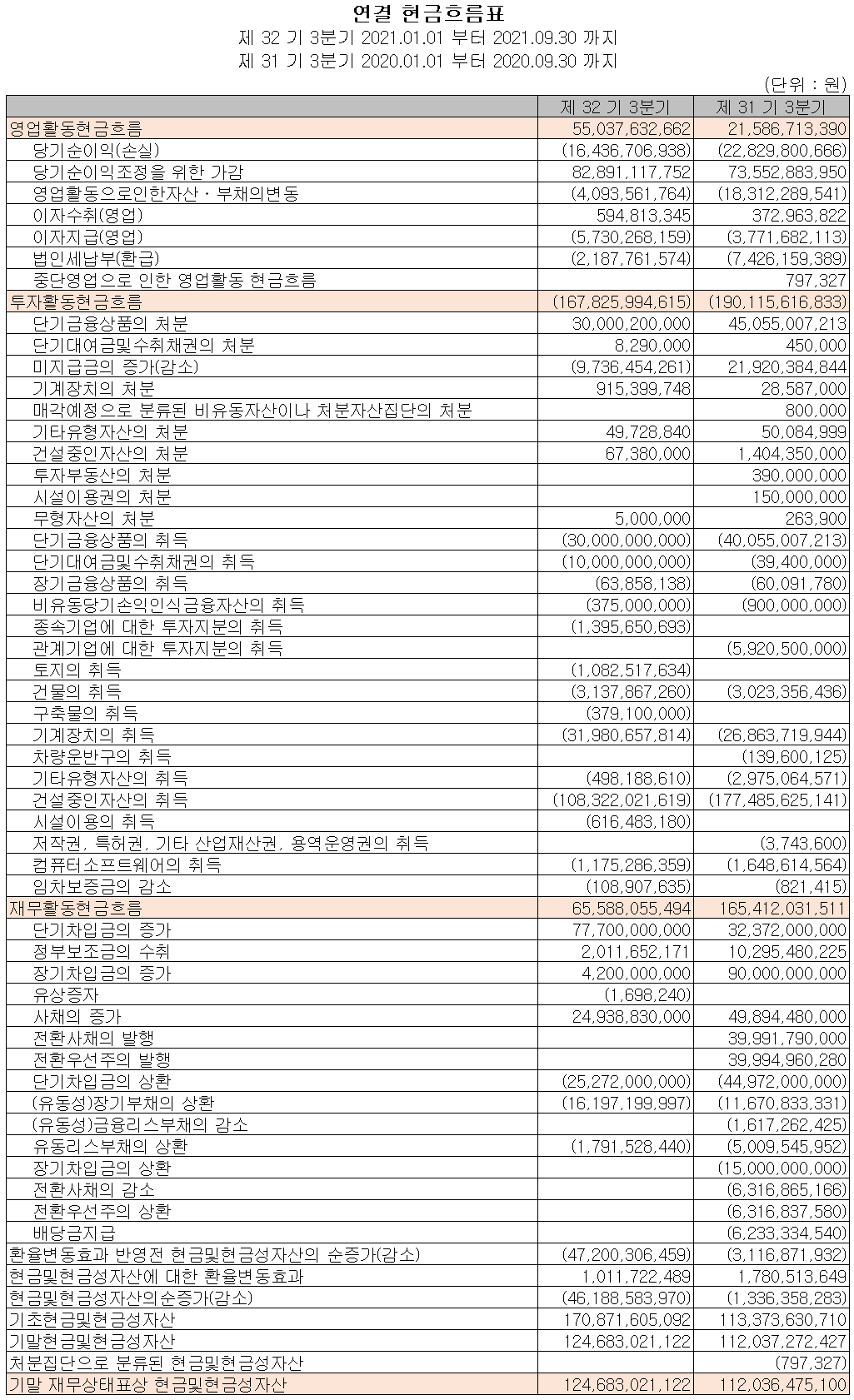 네패스 현금흐름표 (2021년 3분기)