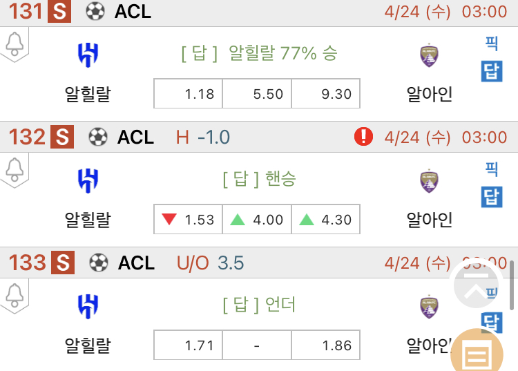 [진짜총판] 4월24일 알힐랄 VS 알아인 축구분석