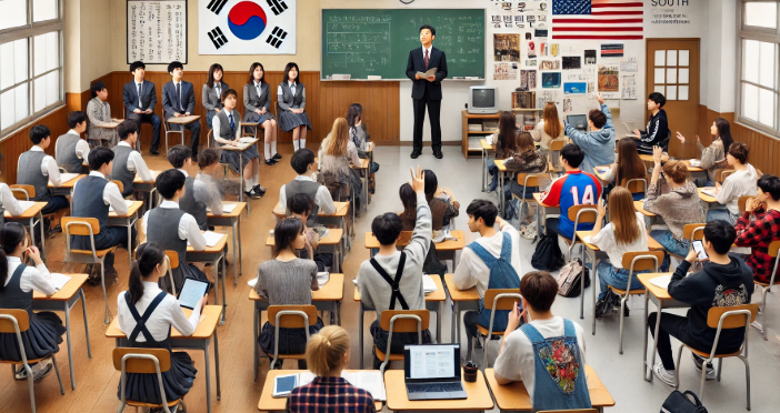 한국 고등학생과 미국 고등학생이 한 교실에서 수업 받는 장면