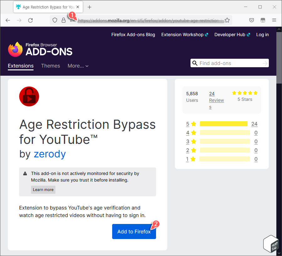 addons.mozilla.org &gt; Age Restriction Bypass for YouTube™ 검색 및 설치