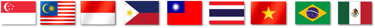 한국 판매자가 쇼피에 입점할 수 있는 9개 국가를 표시한 국기(싱가포르, 말레이시아, 인도네시아, 필리핀, 타이완, 태국, 베트남, 브라질, 멕시코)