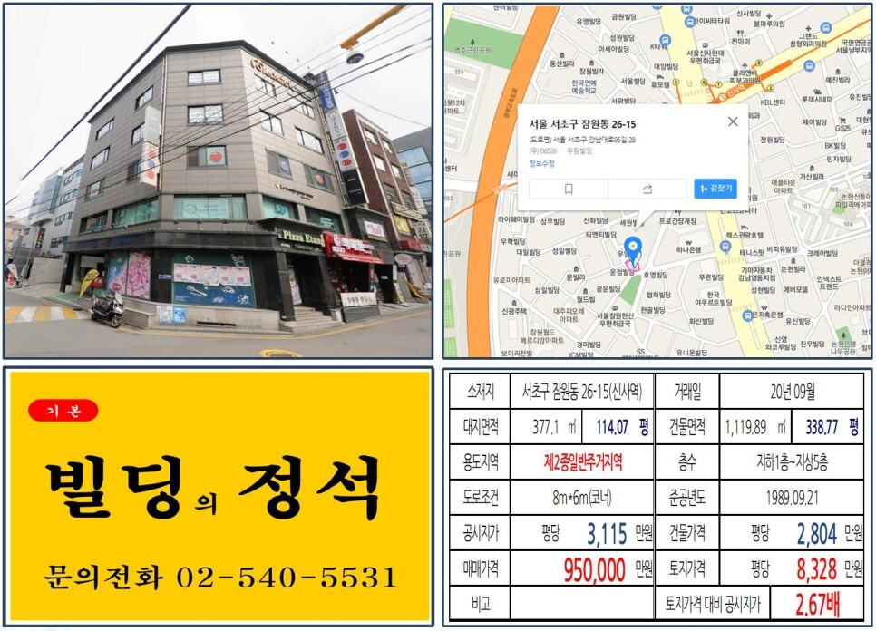  [서초구 신분당선 호재지역 100억 꼬마빌딩 실거래가 조회] 잠원동 26-15 (신사역) 95억 원, 평당 8,328만 원 매매되었습니다. 경부