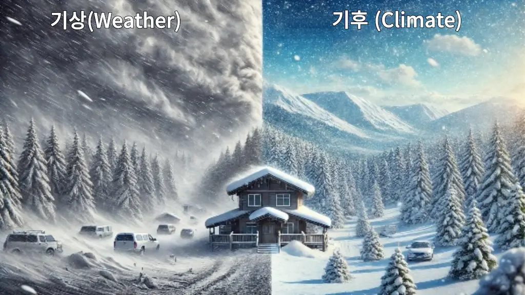 왼쪽은 강한 눈보라 속 눈이 휘몰아치는 &amp;#39;기상&amp;#39;&amp;#44; 오른쪽은 눈이 덮인 산과 숲의 고요한 &amp;#39;기후&amp;#39;를 사실적으로 묘사한 겨울 이미지.