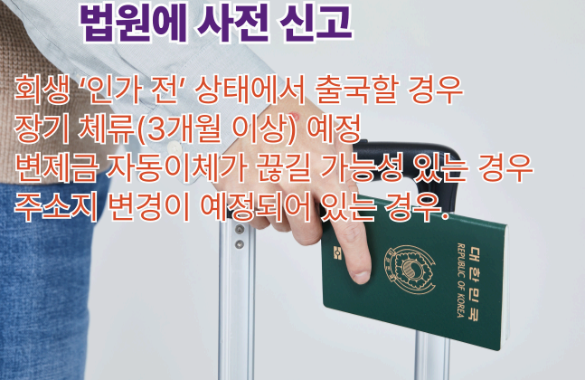 여권을 들고 있는 사람이 캐리어를 잡고 있는 모습. 회생 중 출국 시 법원에 사전 신고가 필요한 상황에 대한 조건을 설명하는 안내 이미지.
