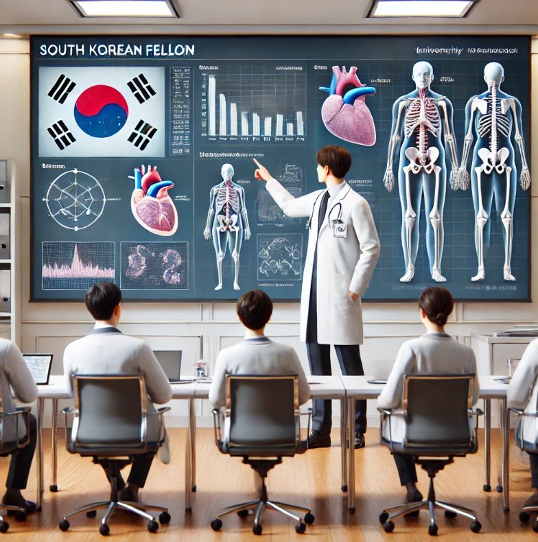 대학병원 세미나실에서 슬라이드 발표 중인 전임의